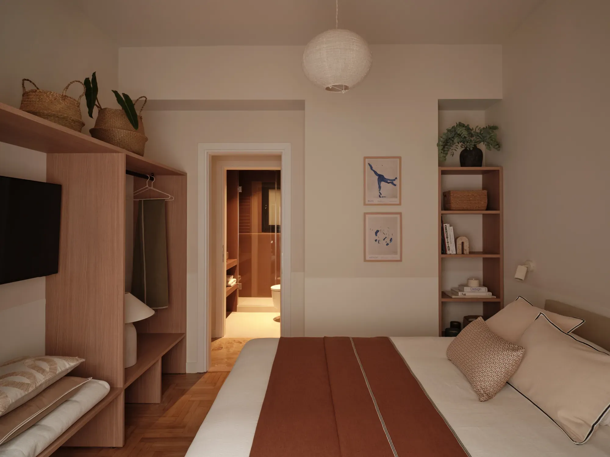 Second bedroom with timber shelving and warm red bedding