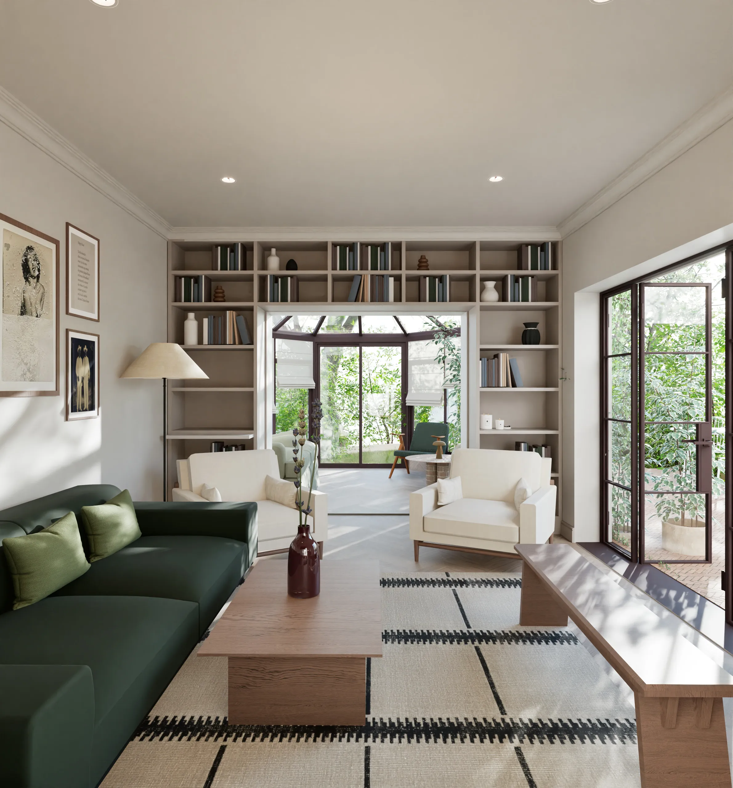 Living room with integrated shelving opening into the glazed garden room