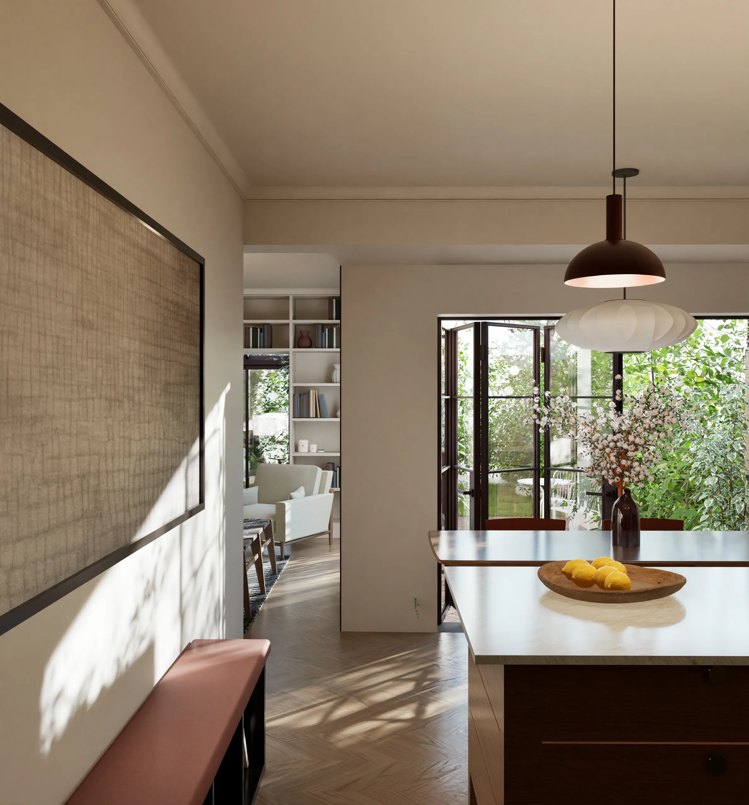 Kitchen island and dining area connected to the living room and garden