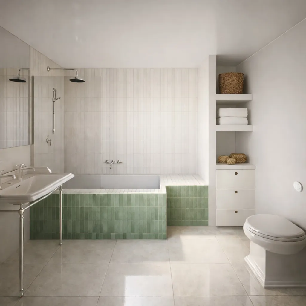 Bathroom with green-tiled bath, double shower and open storage