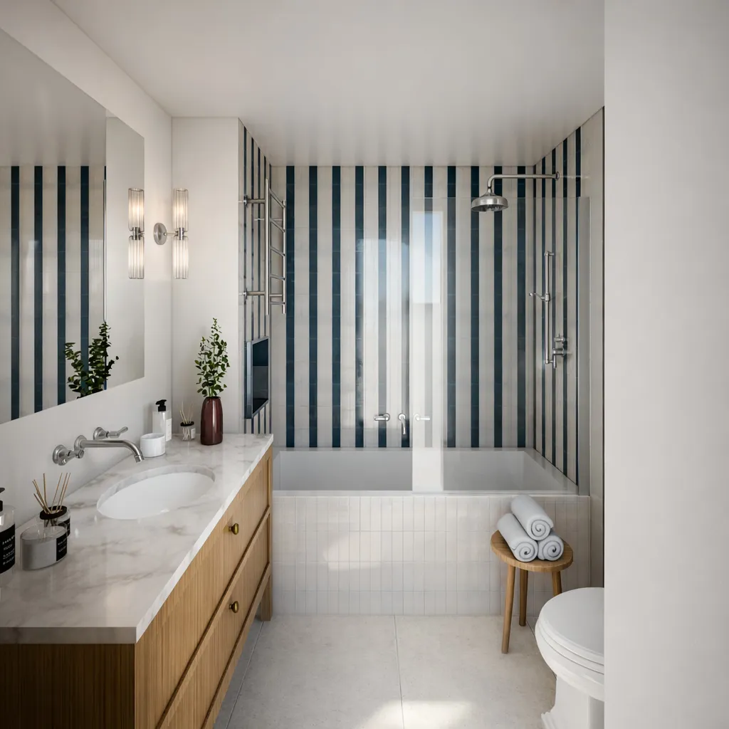 Bathroom with striped wall tiles, timber vanity and bath with overhead shower