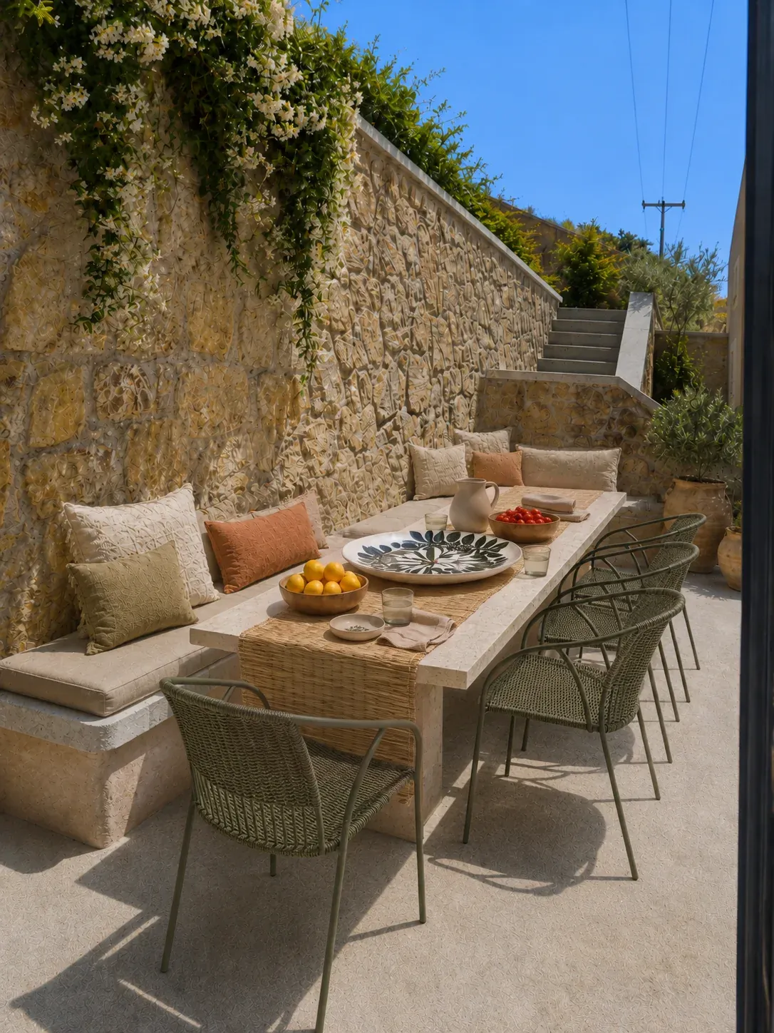 Outdoor dining terrace with a stone table, woven chairs and built-in seating