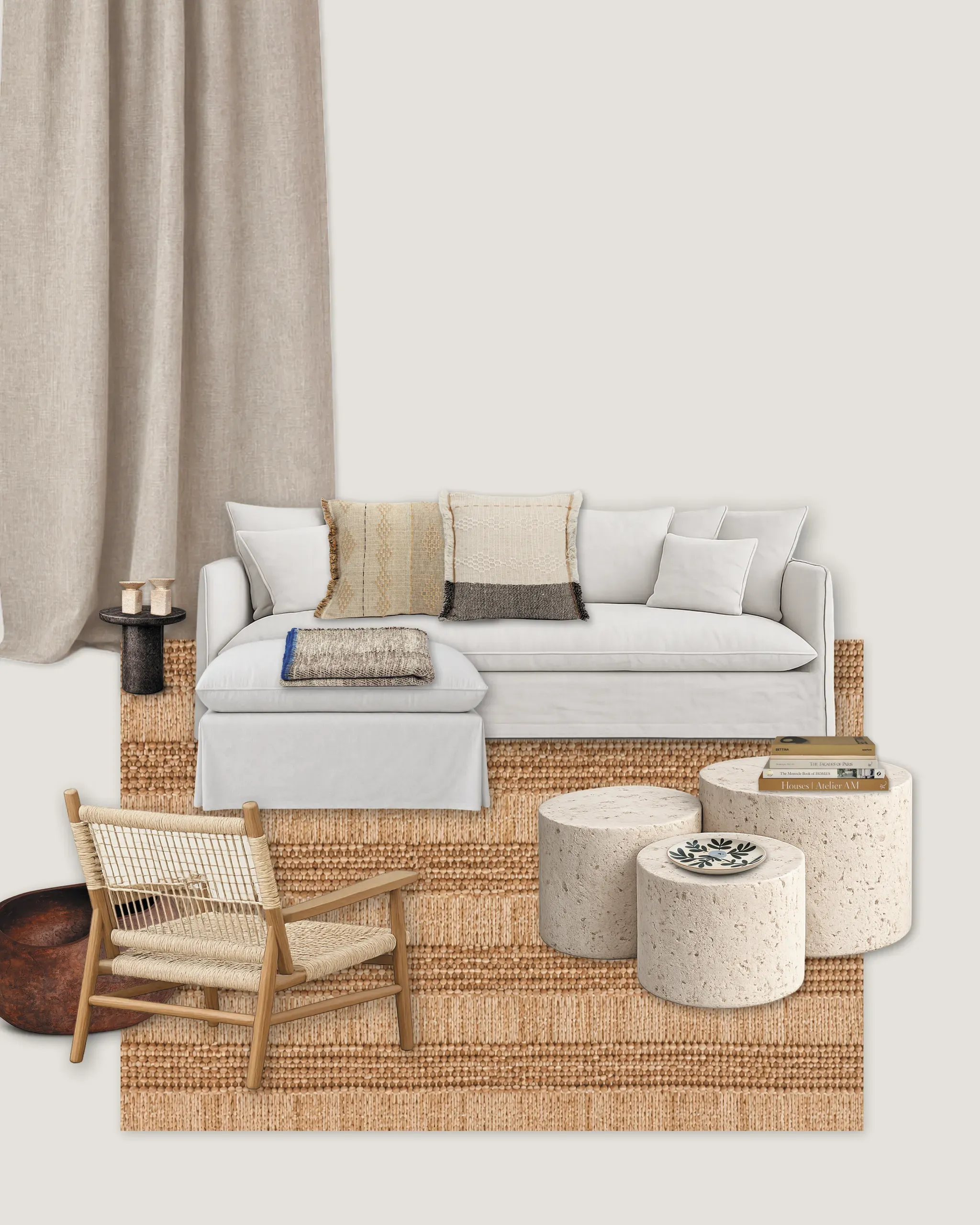 Living room material collage with a linen sofa, woven chair and travertine tables