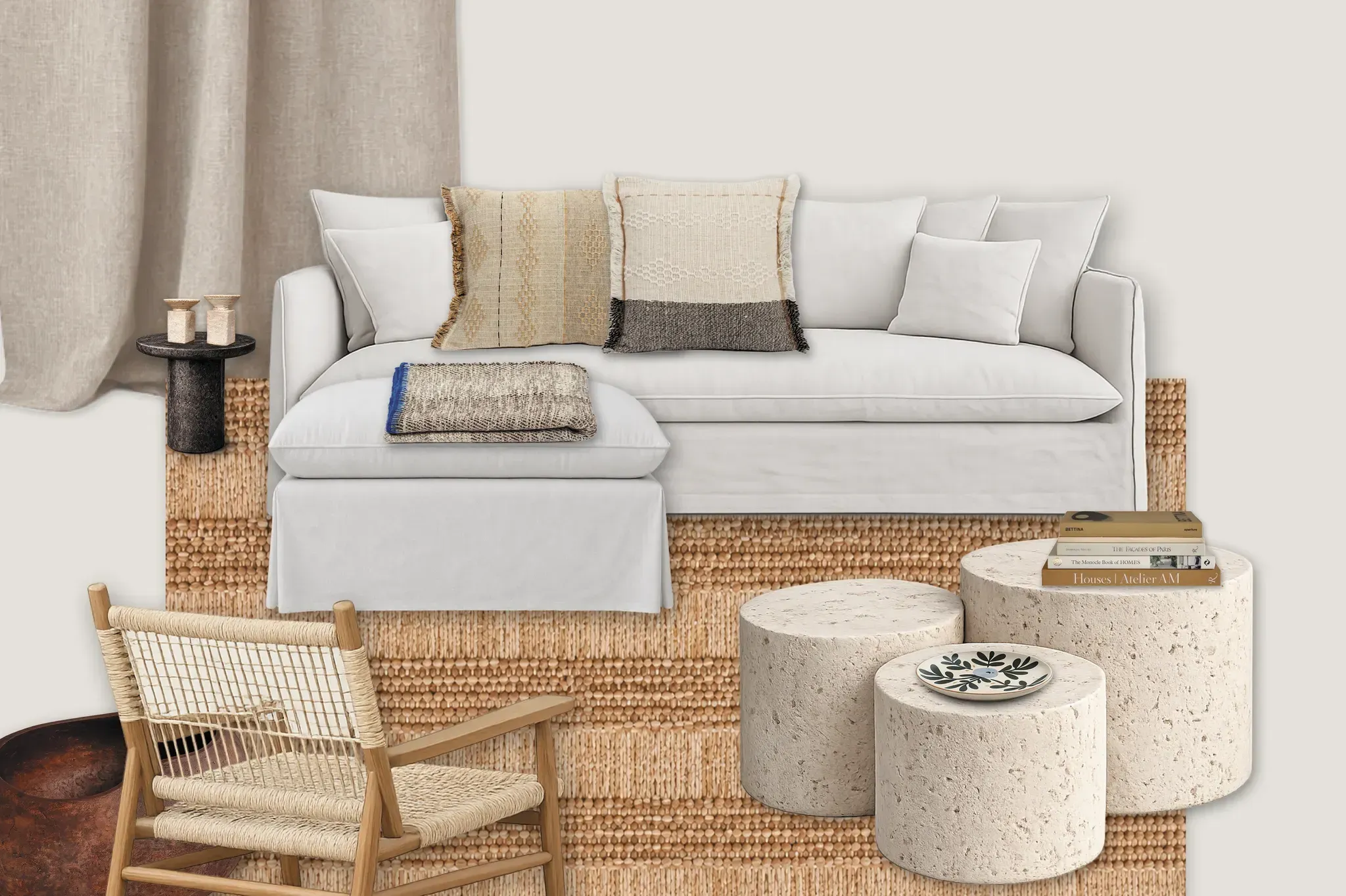 Living room furnishing scheme with a linen sofa, woven chair and travertine tables