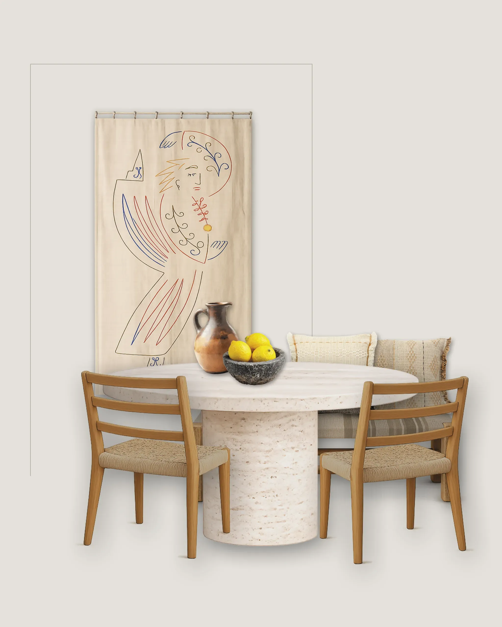 Dining area collage with a marble table, timber chairs and embroidered wall hanging