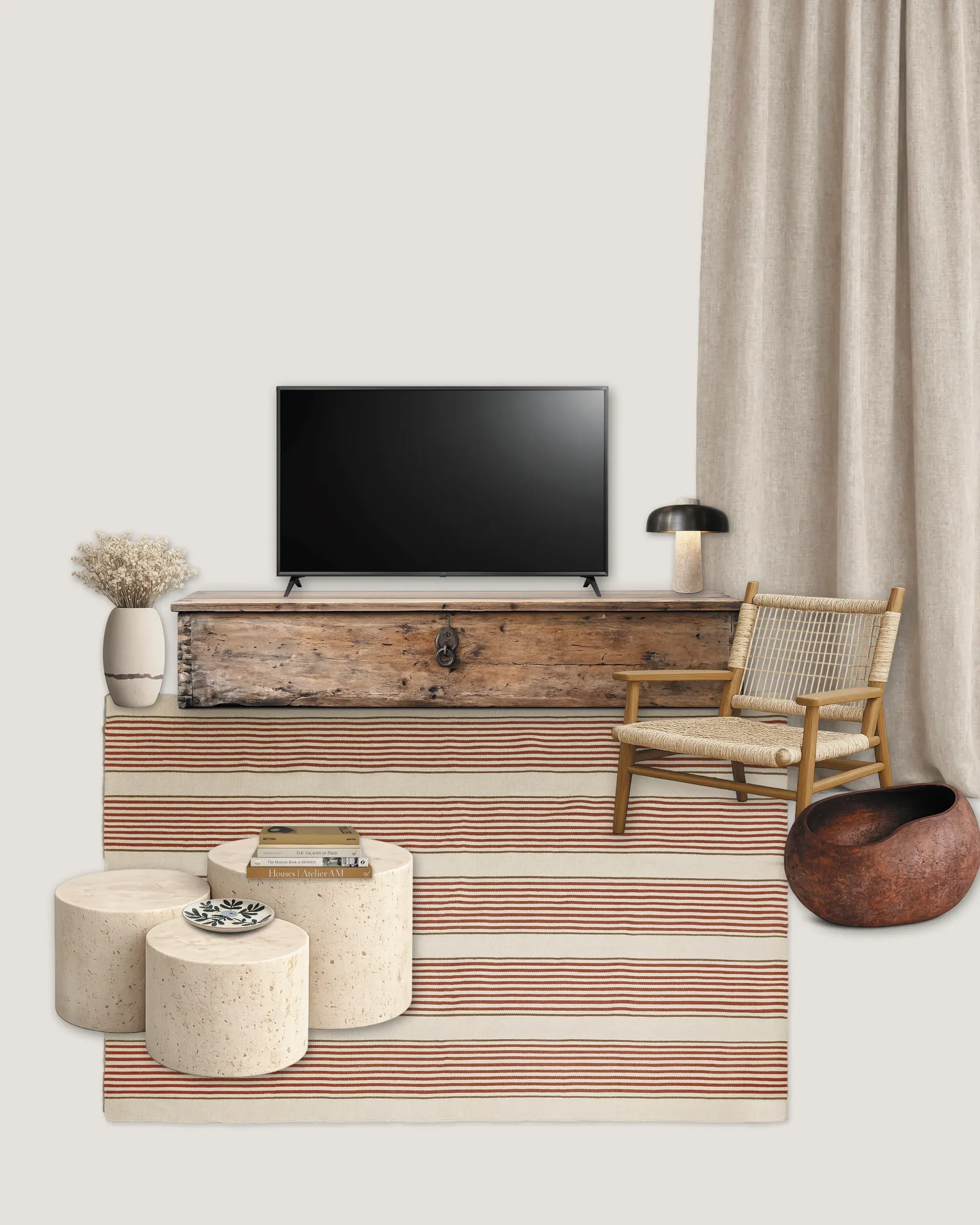 Media area collage with an antique timber chest, woven chair and striped rug