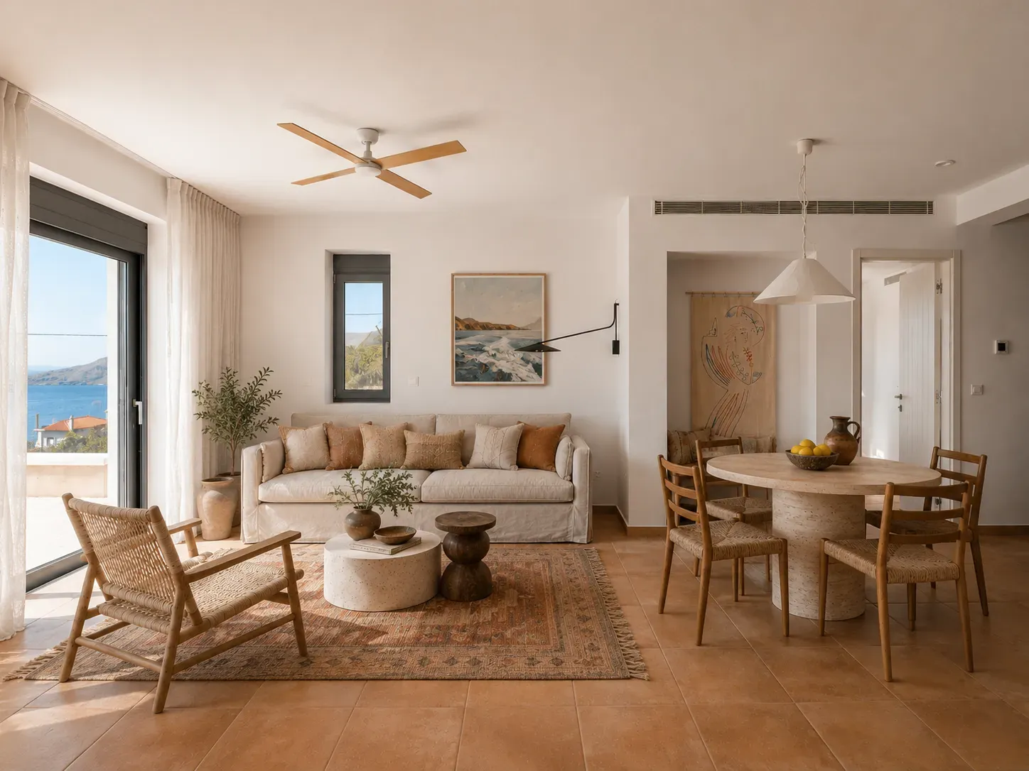 Interior of a furnished hospitality villa overlooking the landscape of Limnos