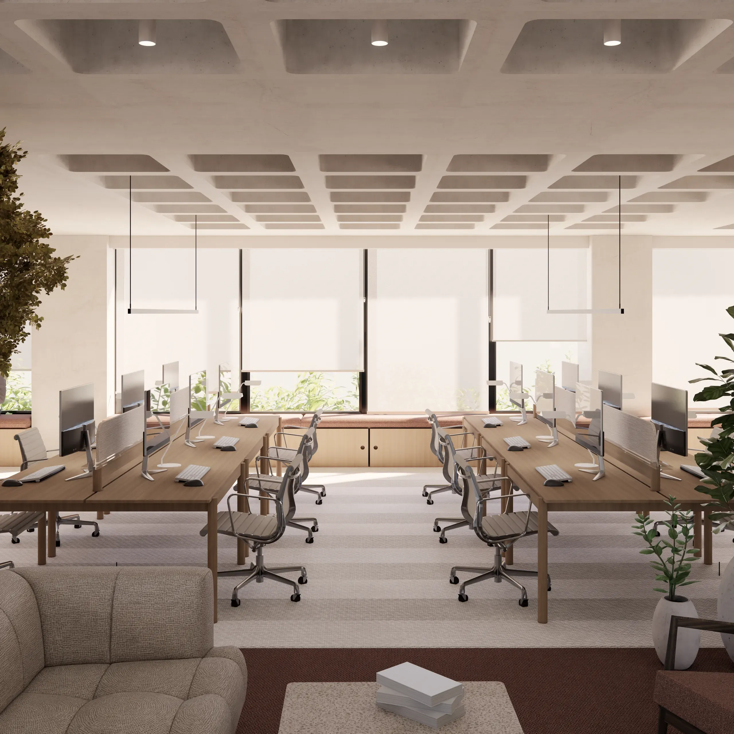 Proposed open-plan workspace with shared desks and daylight filtered through roller blinds