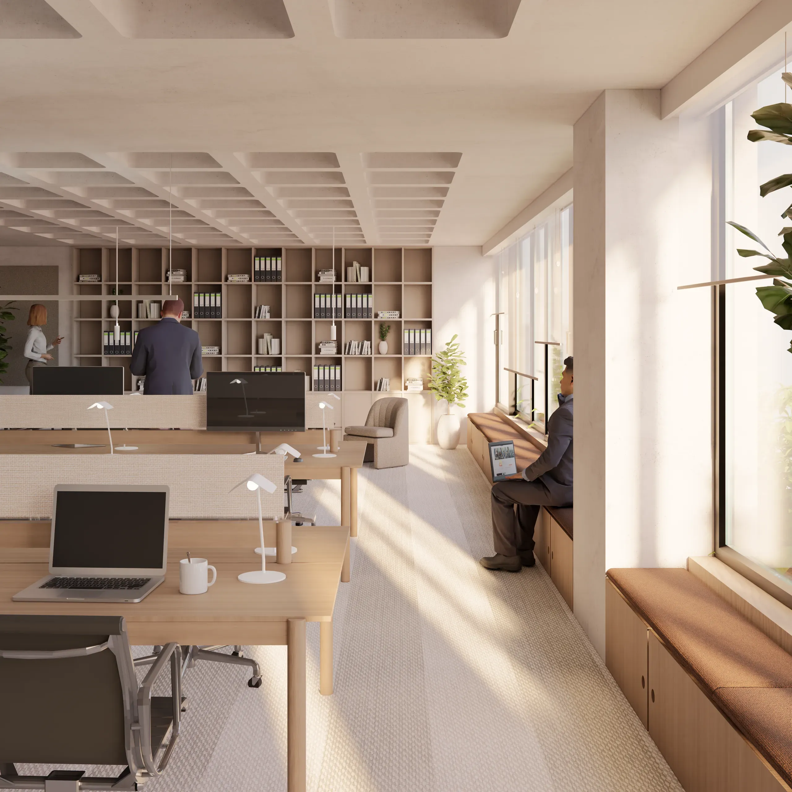Open office with timber desks, integrated window seating and full-height storage