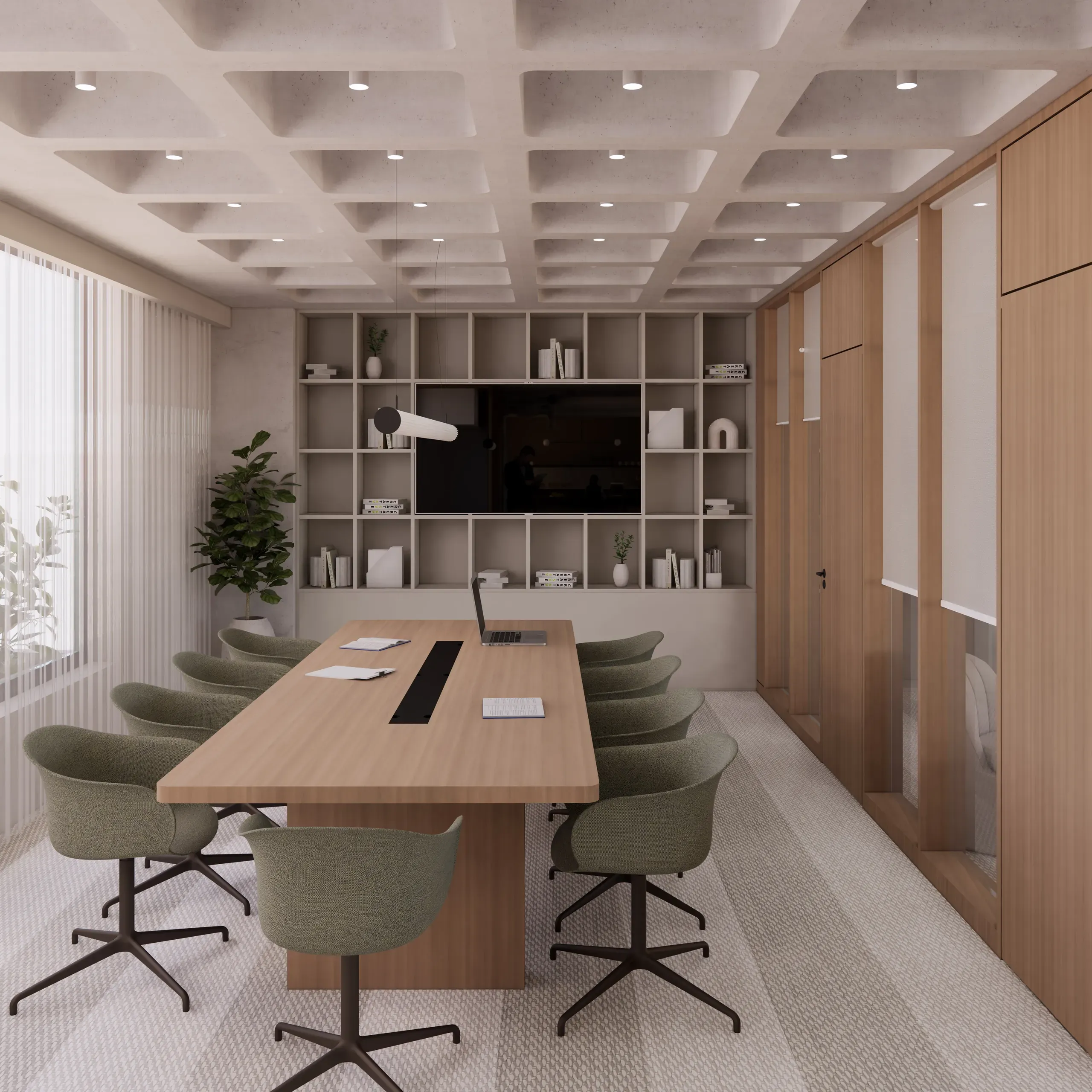 Boardroom with long timber meeting table, upholstered chairs and integrated shelving