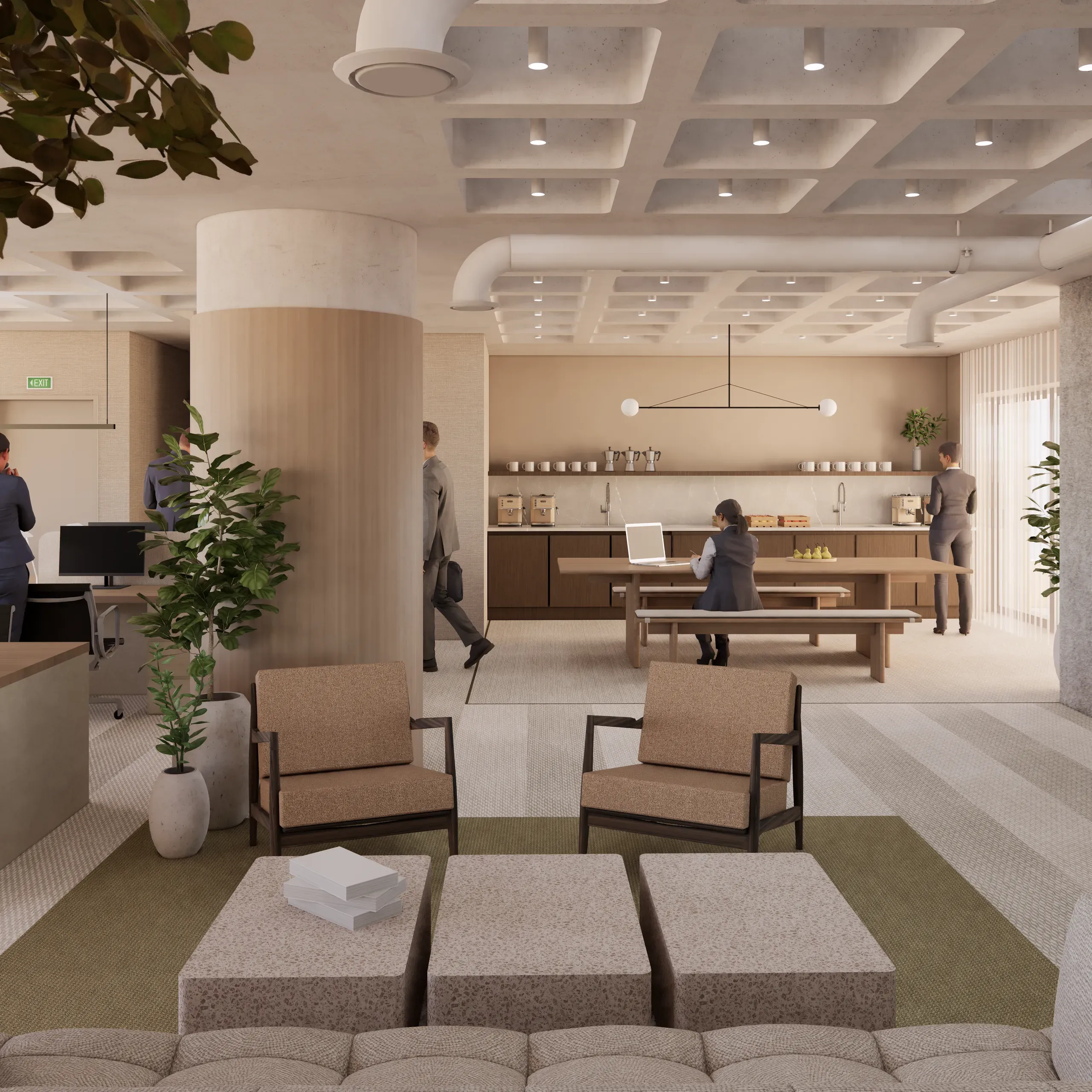 Shared office lounge and kitchen with informal seating and a communal timber table
