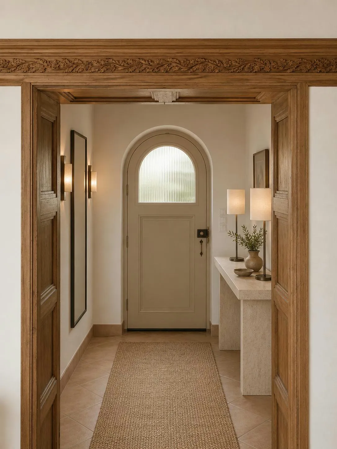 Entrance hall framed by carved timber panelling and an arched front door