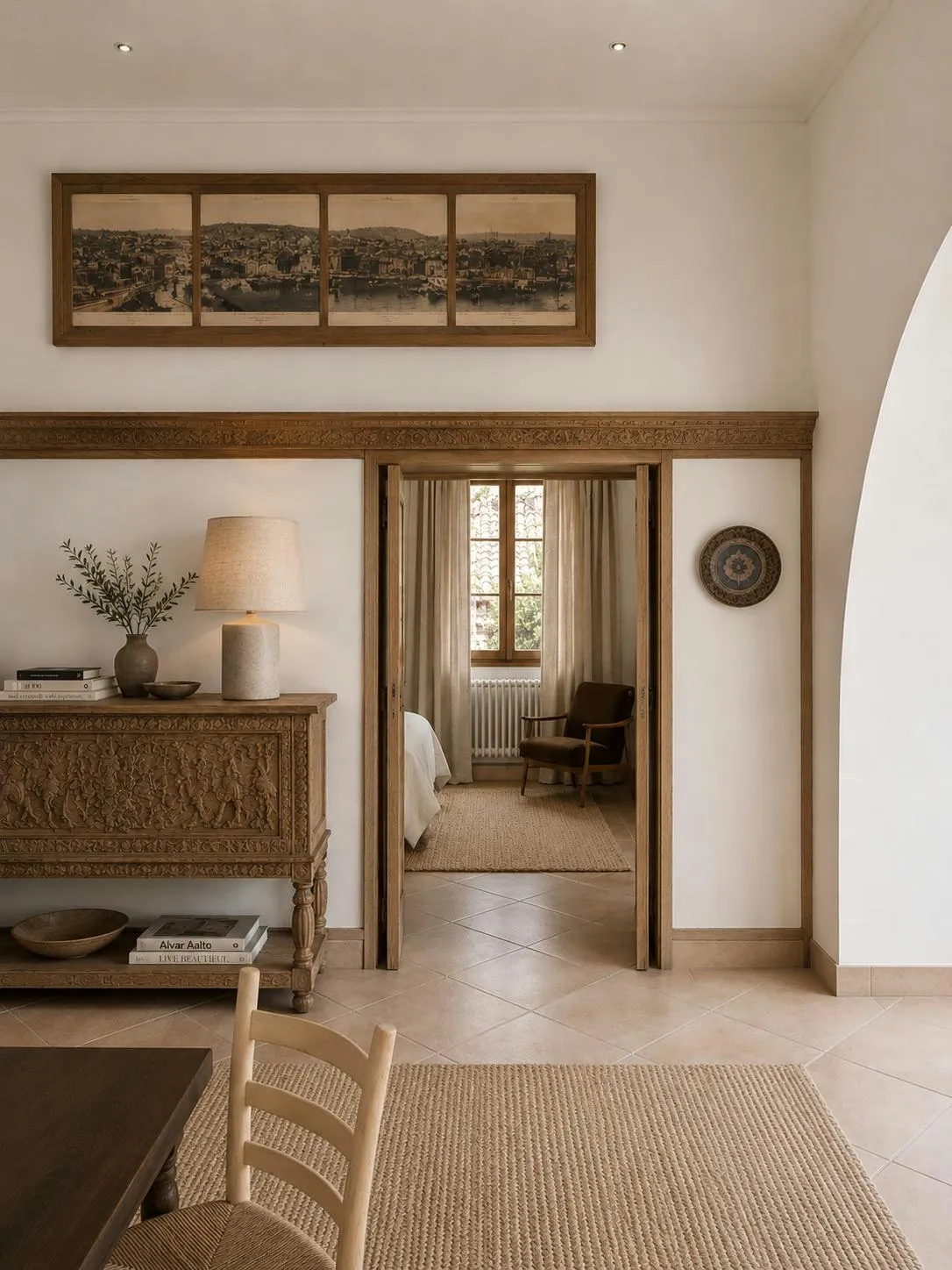 Dining room with carved timber joinery opening towards the bedroom