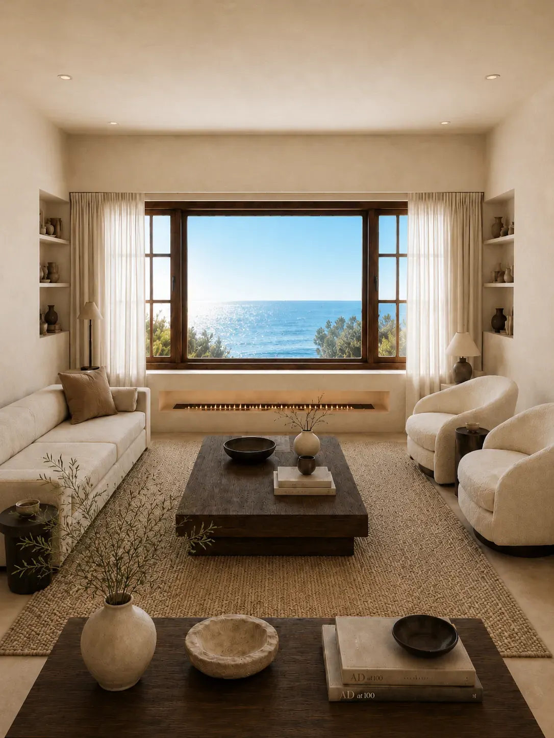 Living room arranged around a broad window overlooking the sea
