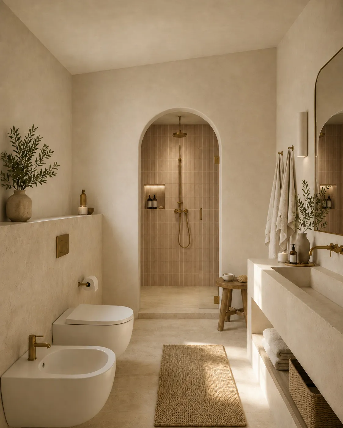 Bathroom with an arched shower, stone vanity and warm brass fittings