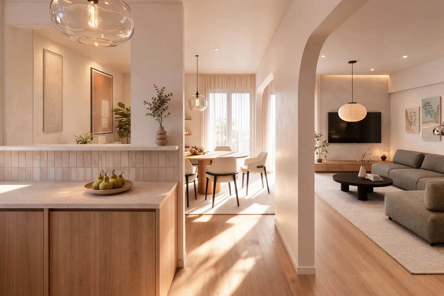 Open-plan kitchen, dining and living spaces connected by softly arched openings