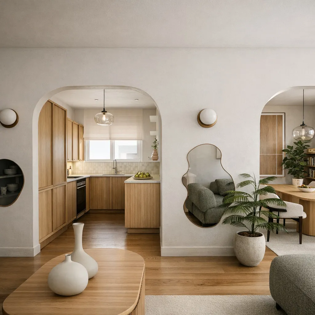 Living room looking through arched openings towards the timber kitchen and dining area