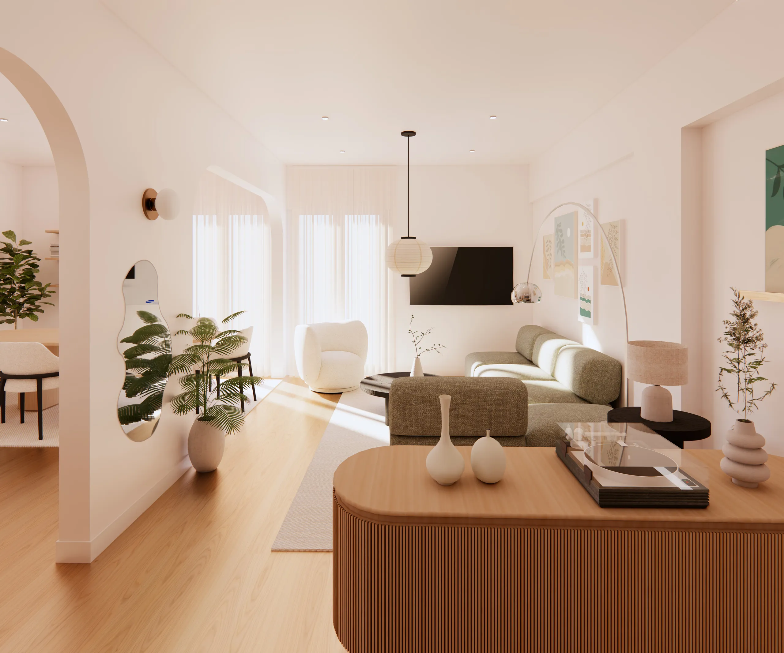 Sunlit living room with pale timber flooring and integrated media joinery