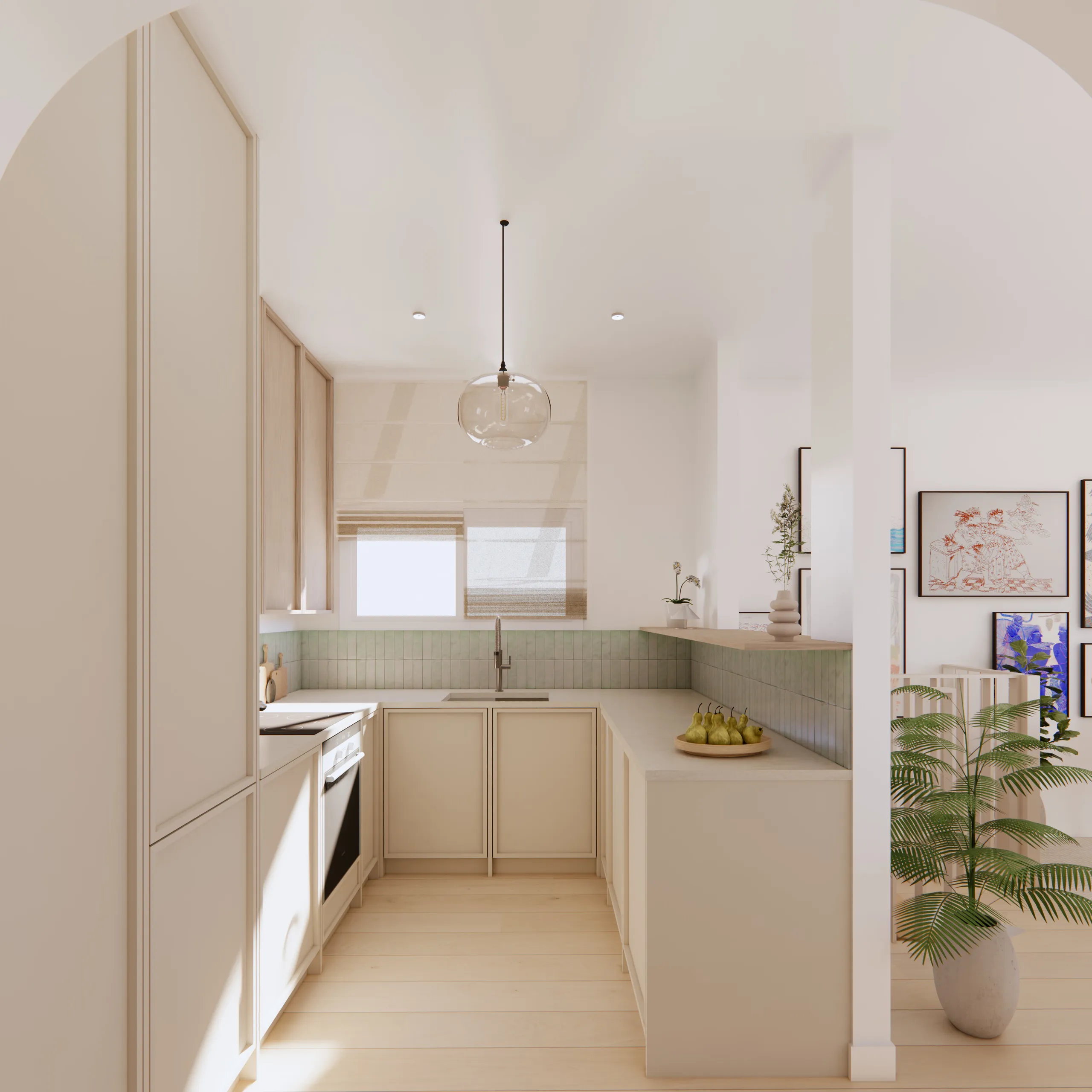 Compact kitchen with pale cabinetry and a tiled splashback beneath an arched opening