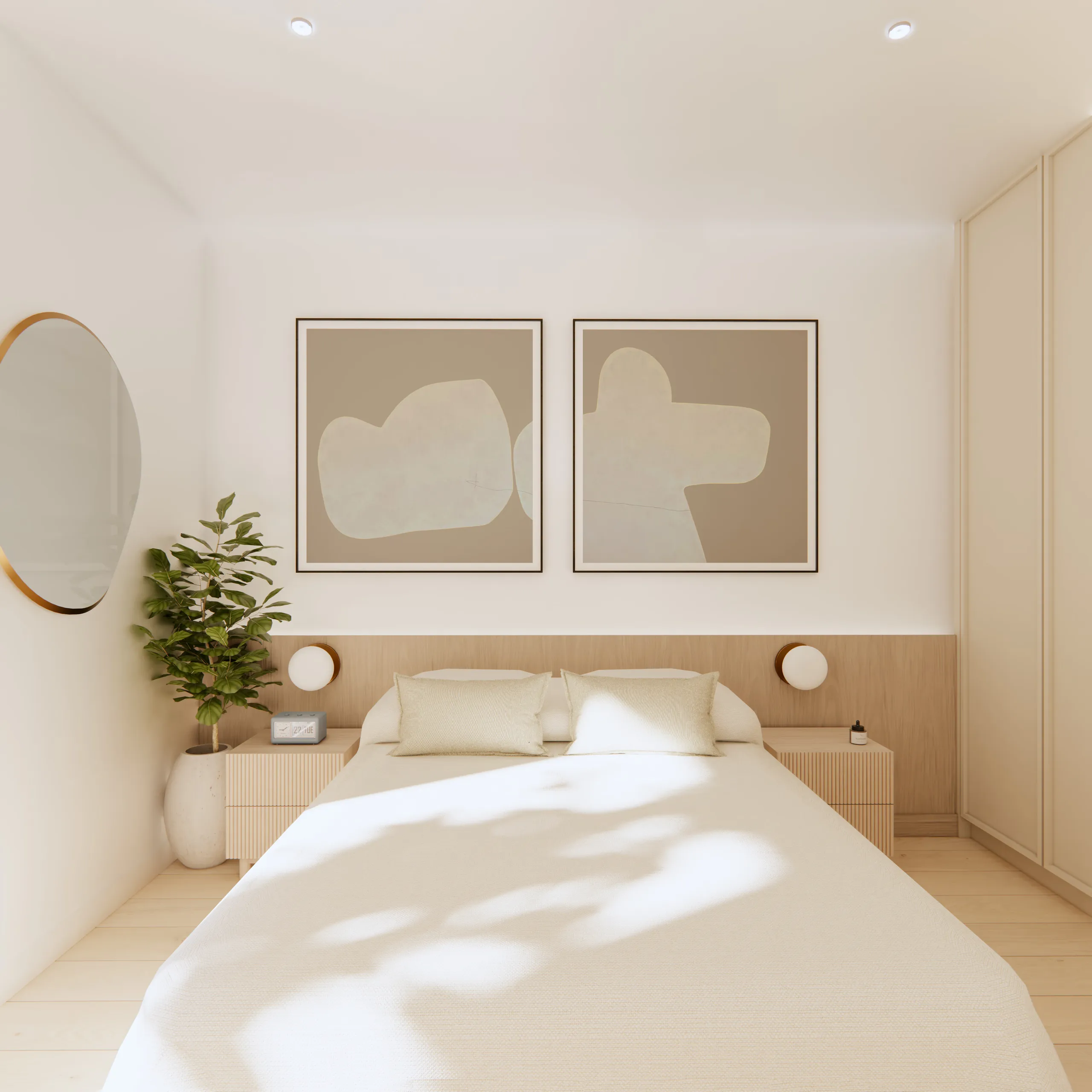 Bedroom with integrated wardrobes, timber headboard and soft wall lighting