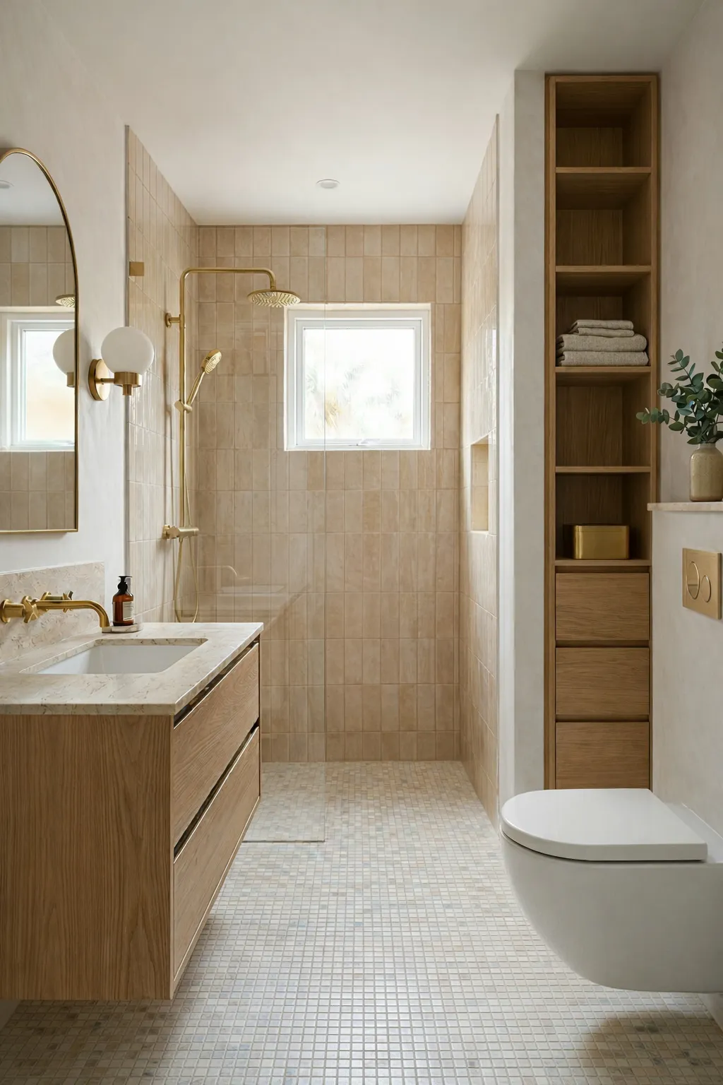 Bathroom with timber vanity, walk-in shower and warm brass fittings
