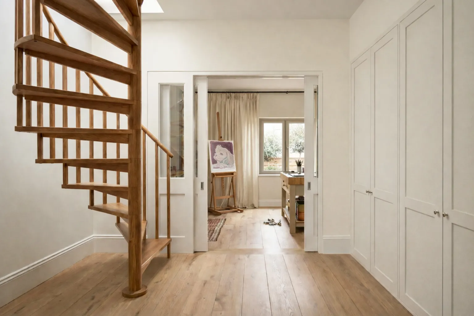 Circular timber stair beside fitted storage and a study with sliding doors