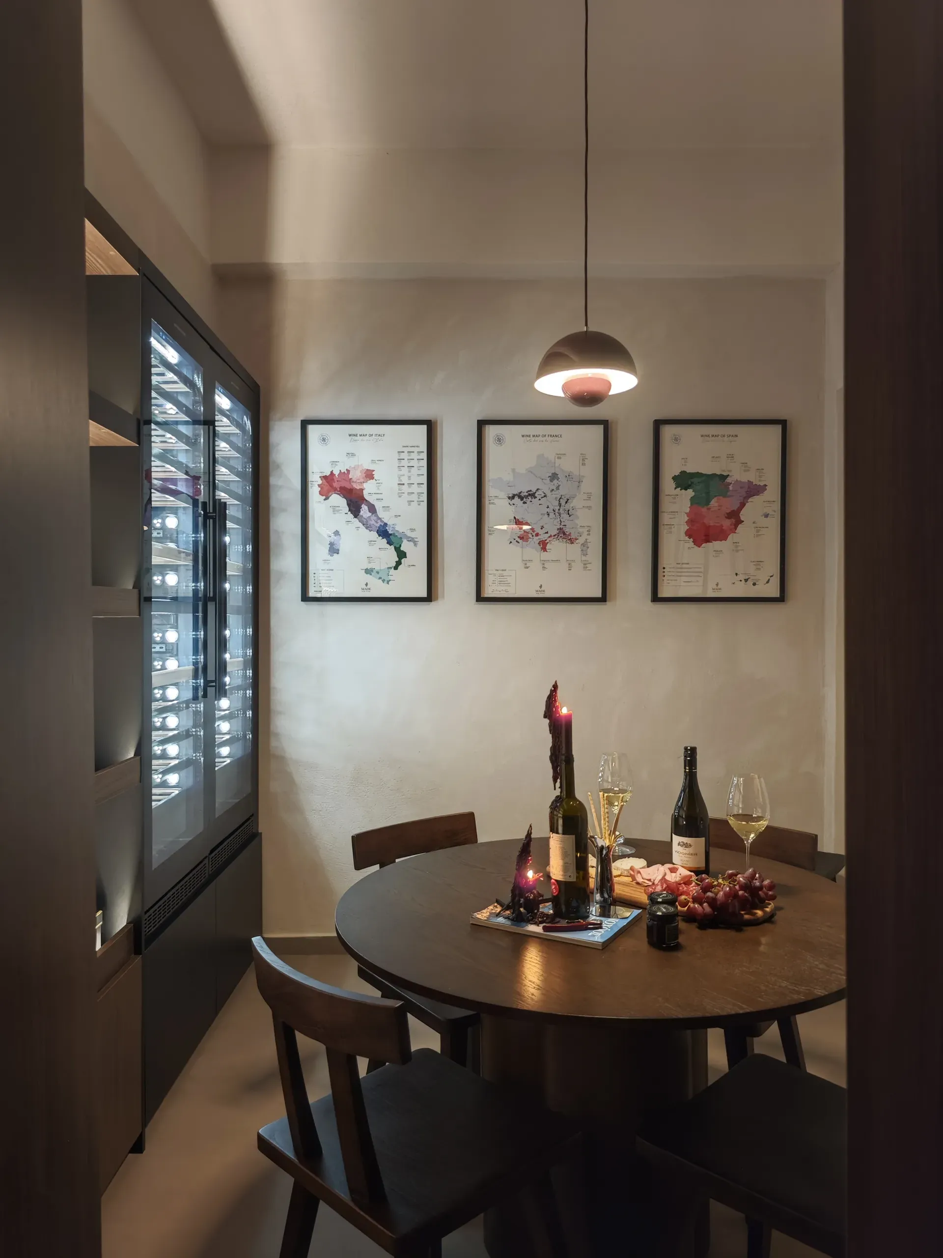Wine cellar concept with open shelving and wine refrigerators