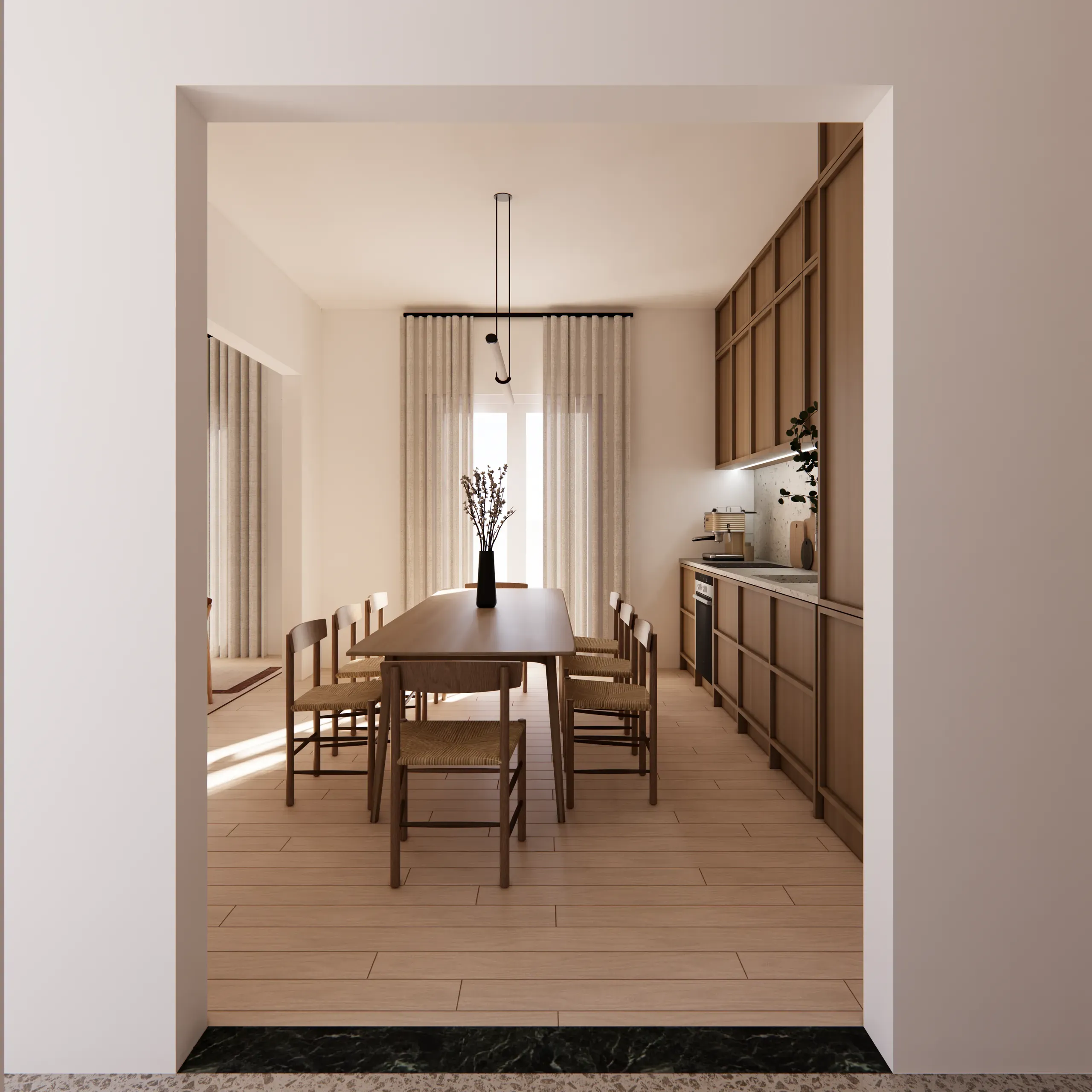 Dining room viewed through a broad opening with timber kitchen joinery beyond