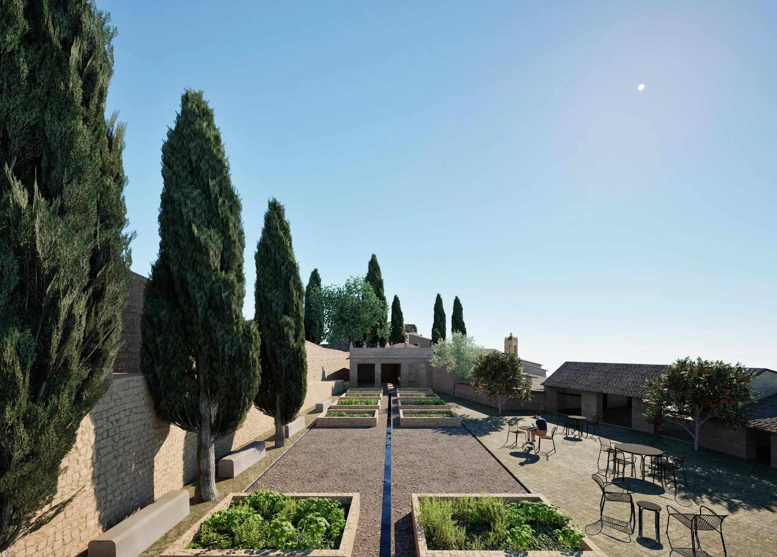 Community gardens and outdoor seating arranged below a line of cypress trees