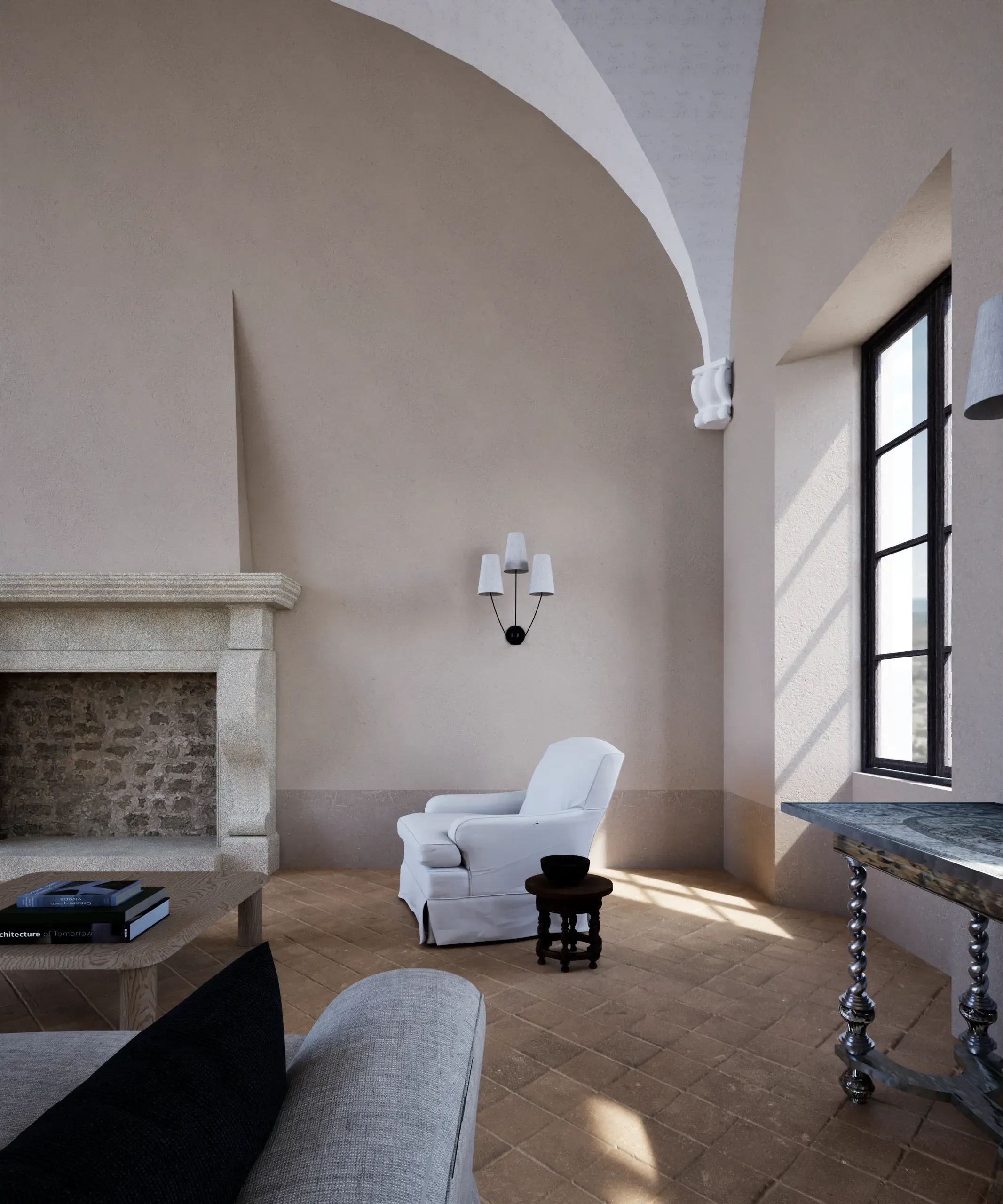 Restored vaulted living room with a stone fireplace and tall window