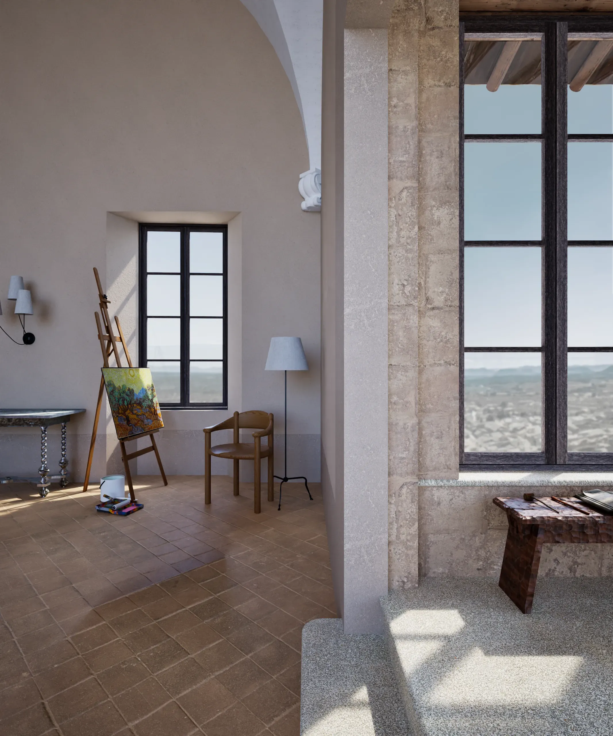 Artist's room with tall windows overlooking the historic town