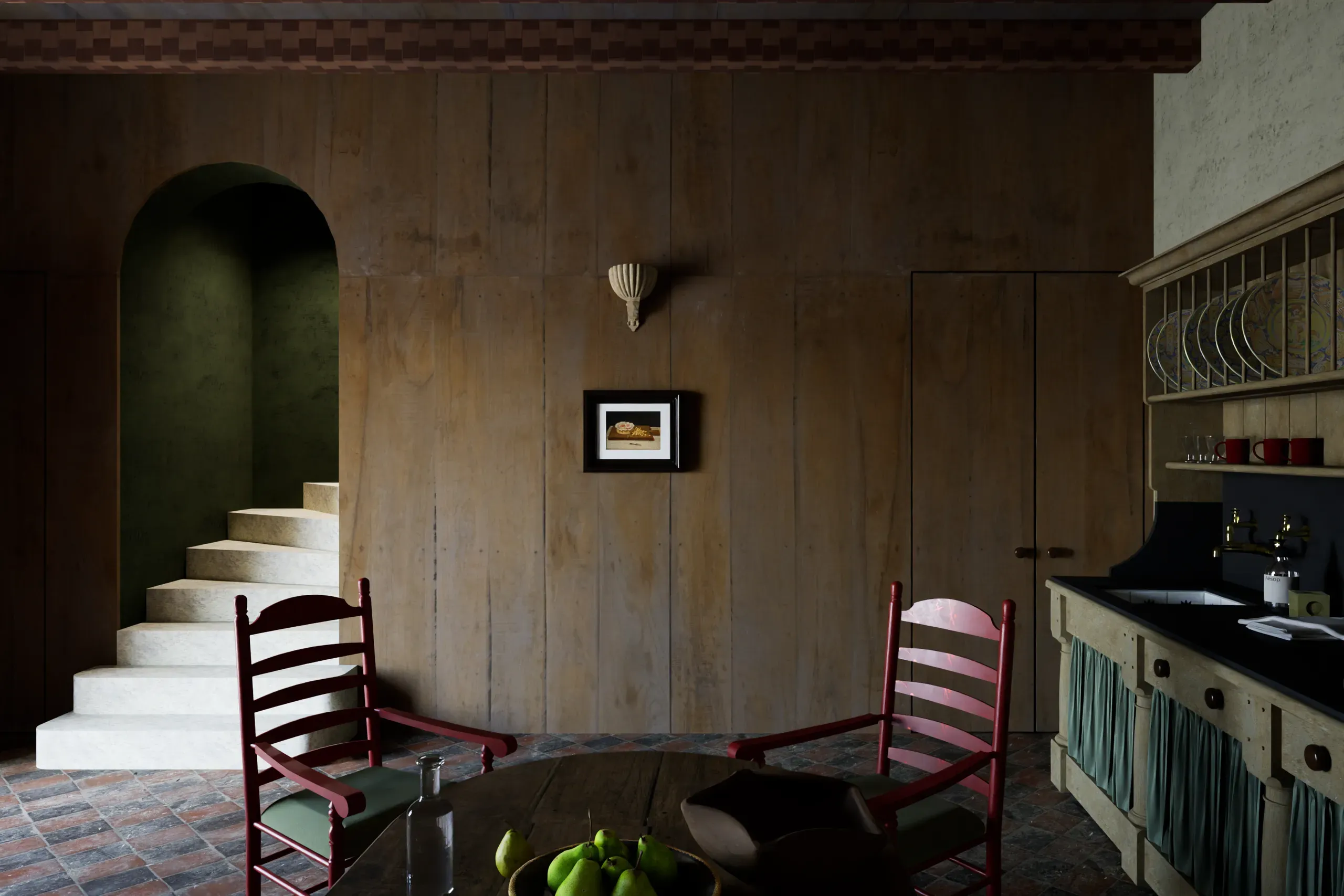 Communal kitchen with timber-lined walls, tiled floor and a stair set within an arch
