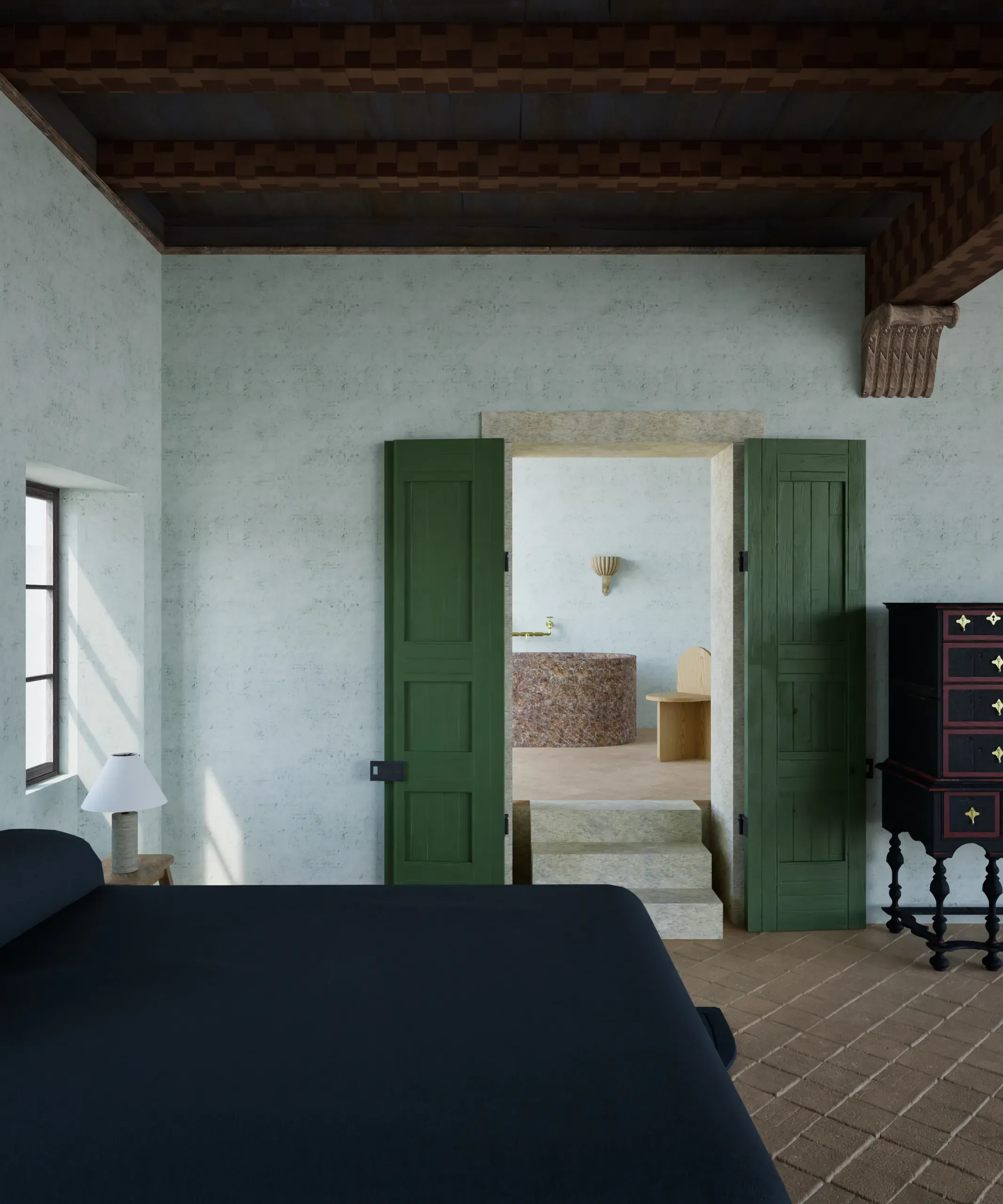 Guest bedroom with exposed timber ceiling and green shutters opening to a wash area