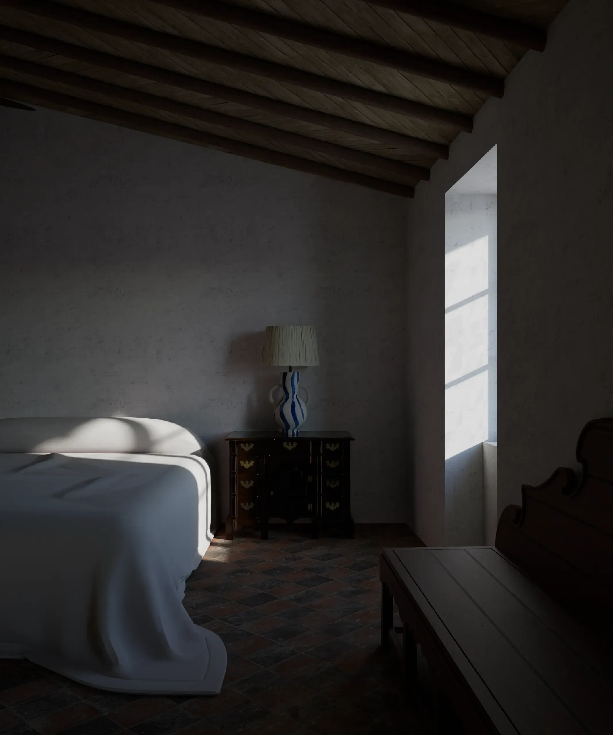 Quiet guest bedroom with timber roof beams and sunlight entering through a deep window