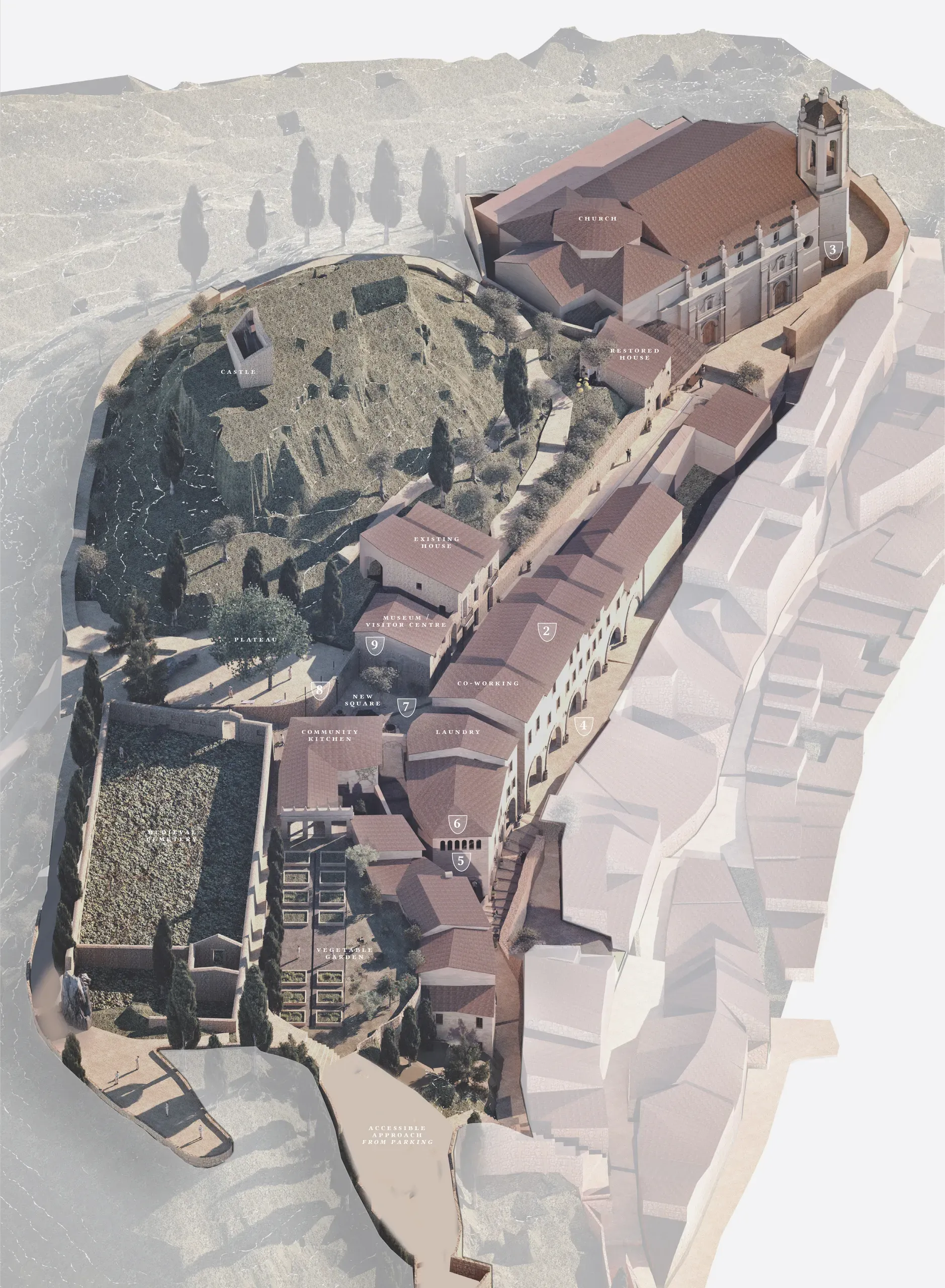Axonometric masterplan showing the church, castle, public square and community uses