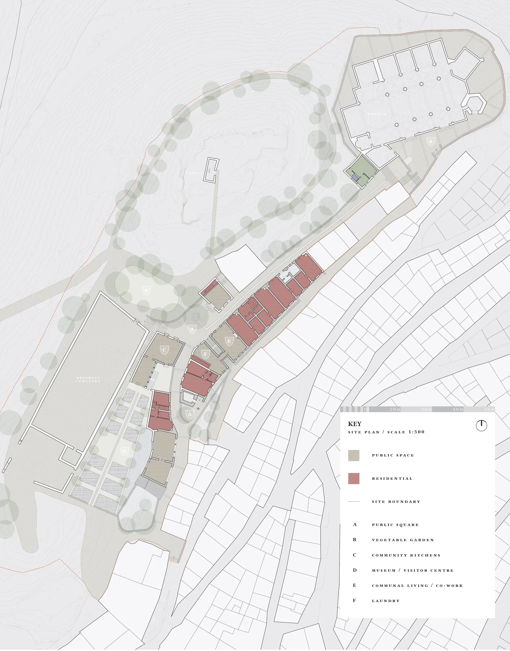 Architectural drawing of the restored buildings and new public routes