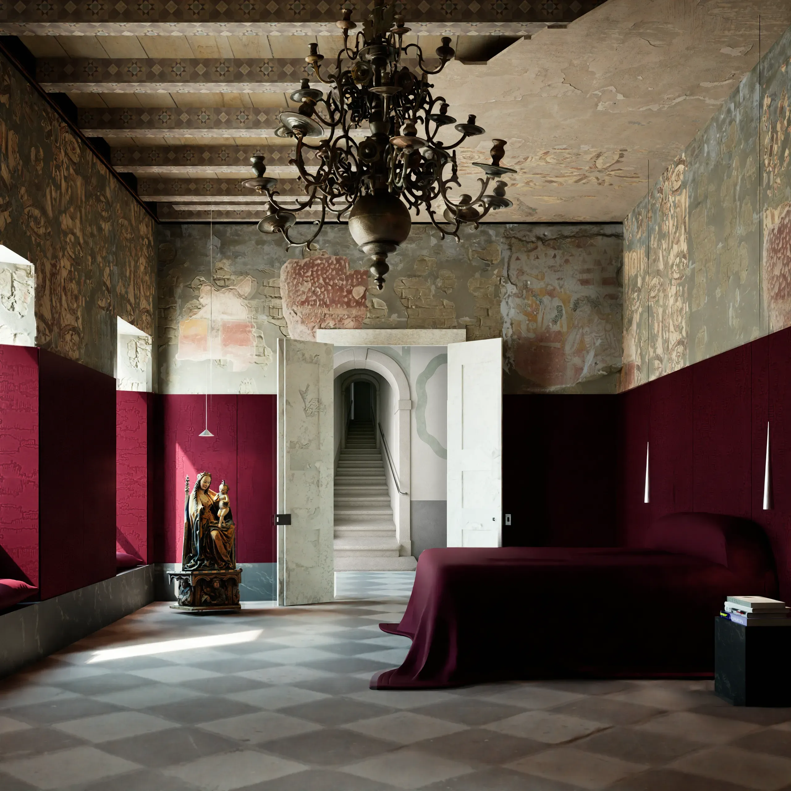 Restored historic bedroom with frescoed walls, a dark chandelier and burgundy silk panels