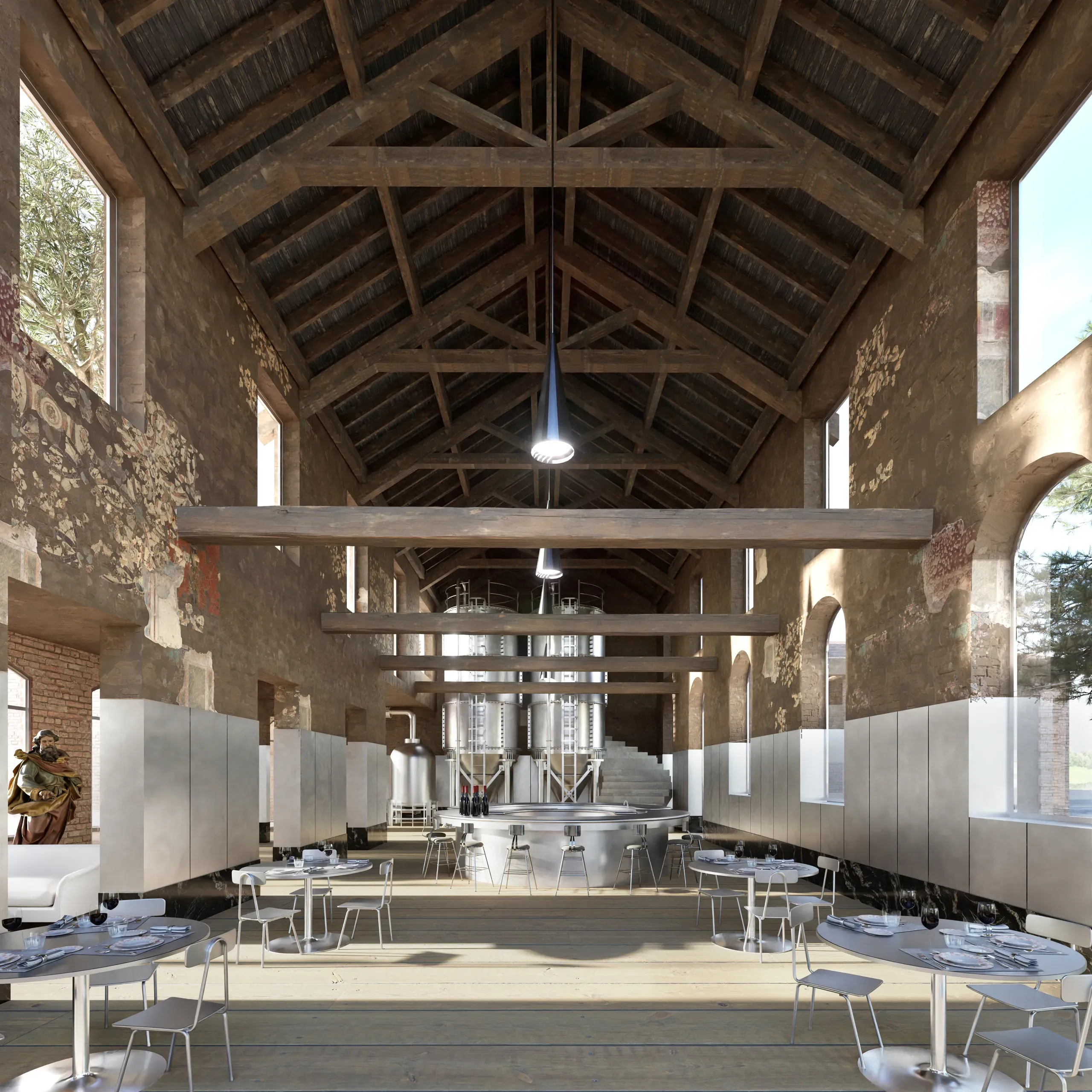 Reworked barn interior combining dining tables with stainless-steel wine production equipment