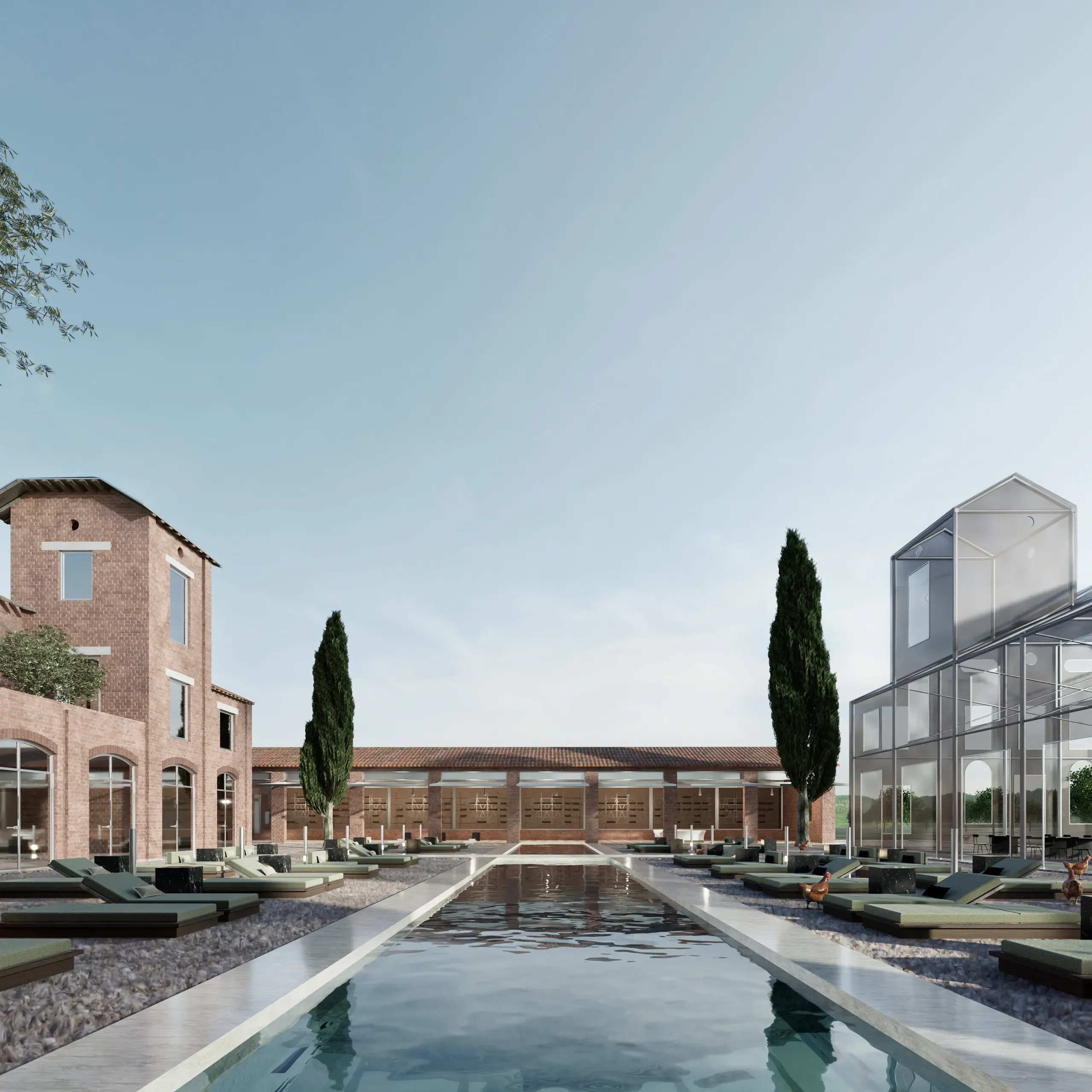 Reflecting pool and sun terraces set between the restored brick estate and a new glazed pavilion