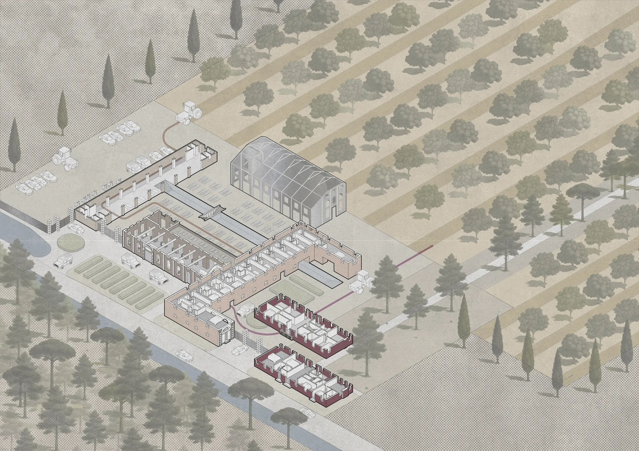 Axonometric masterplan of the regenerated agricultural estate and surrounding orchards