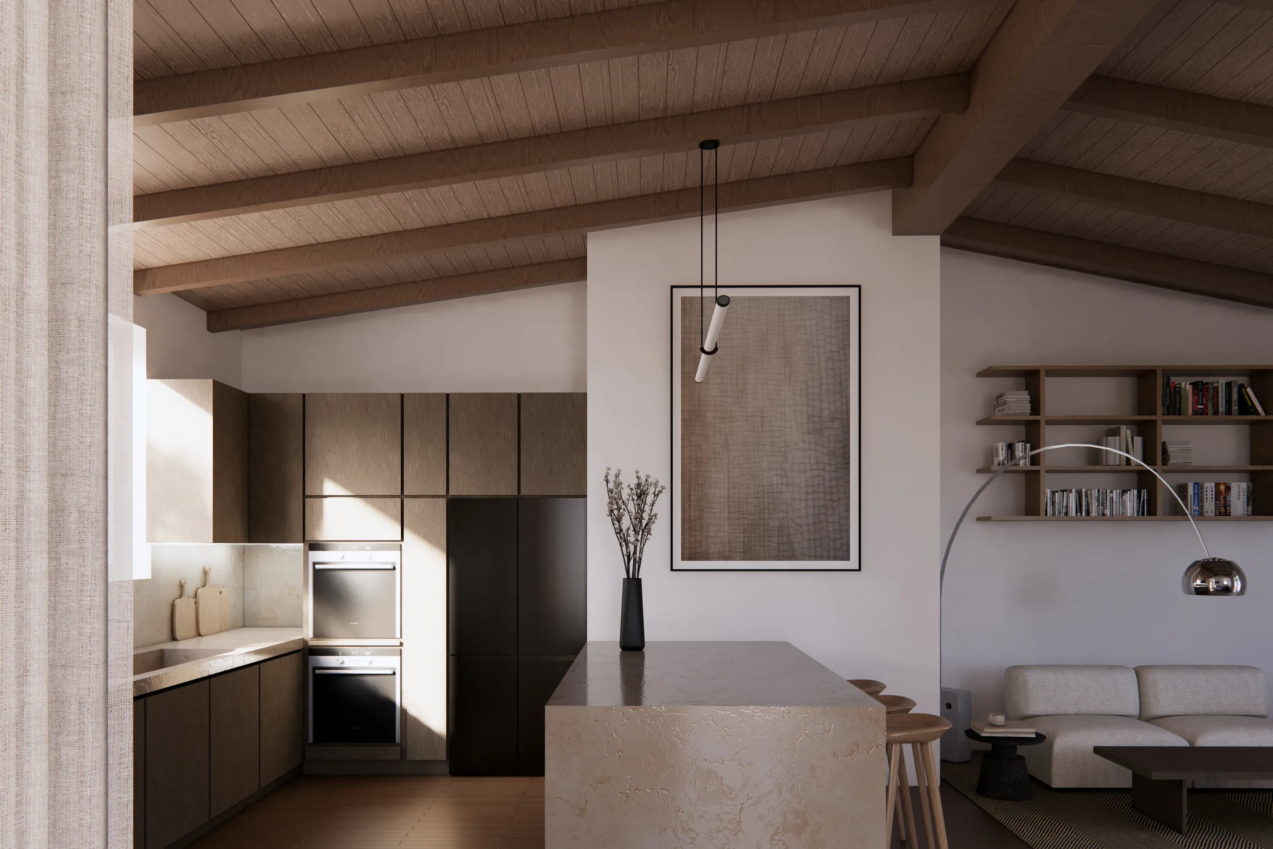 Proposed living space beneath the pitched timber roof of a maisonette in Nea Smyrni