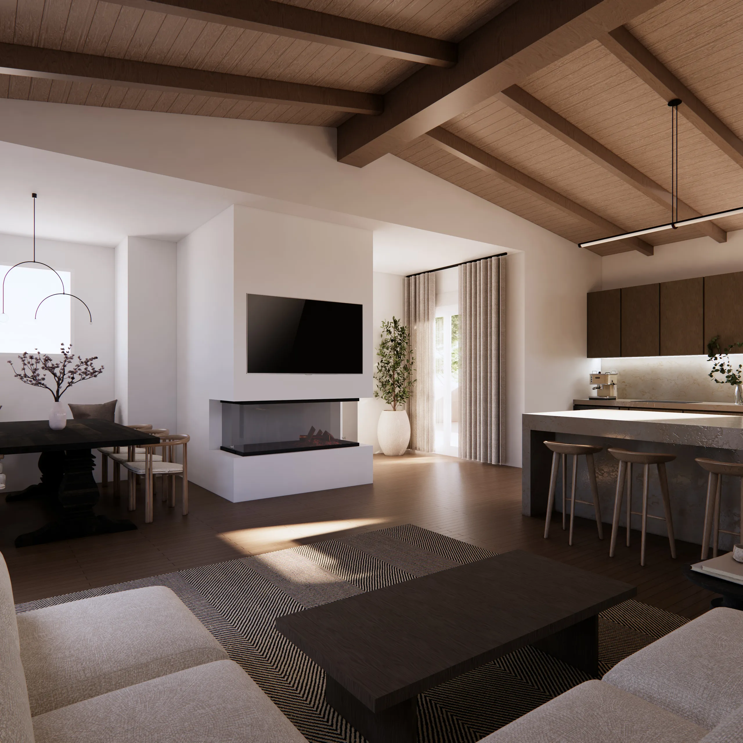 Open-plan living, dining and kitchen space beneath the restored timber roof