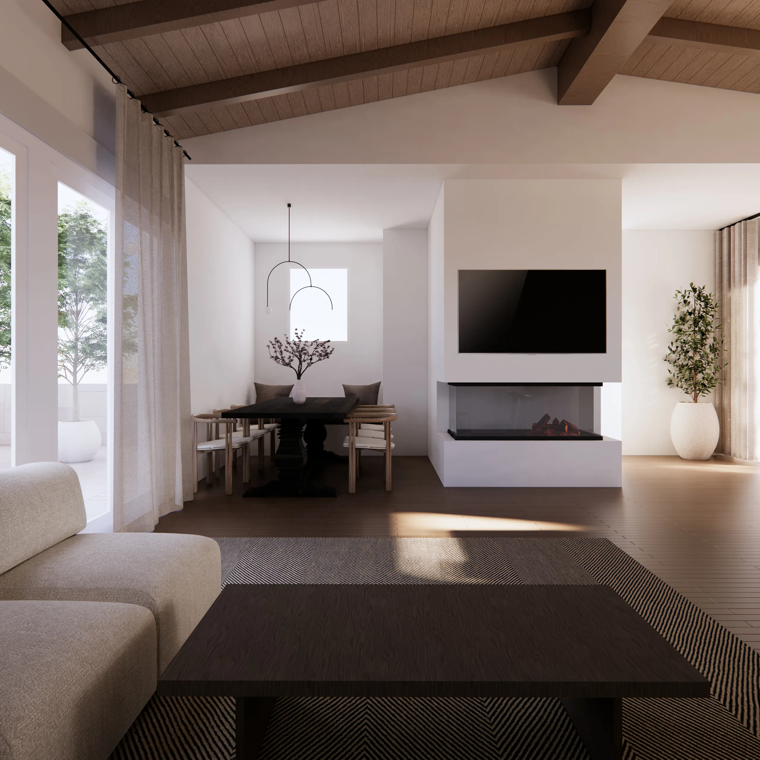 Dining area and central fireplace opening onto the living room