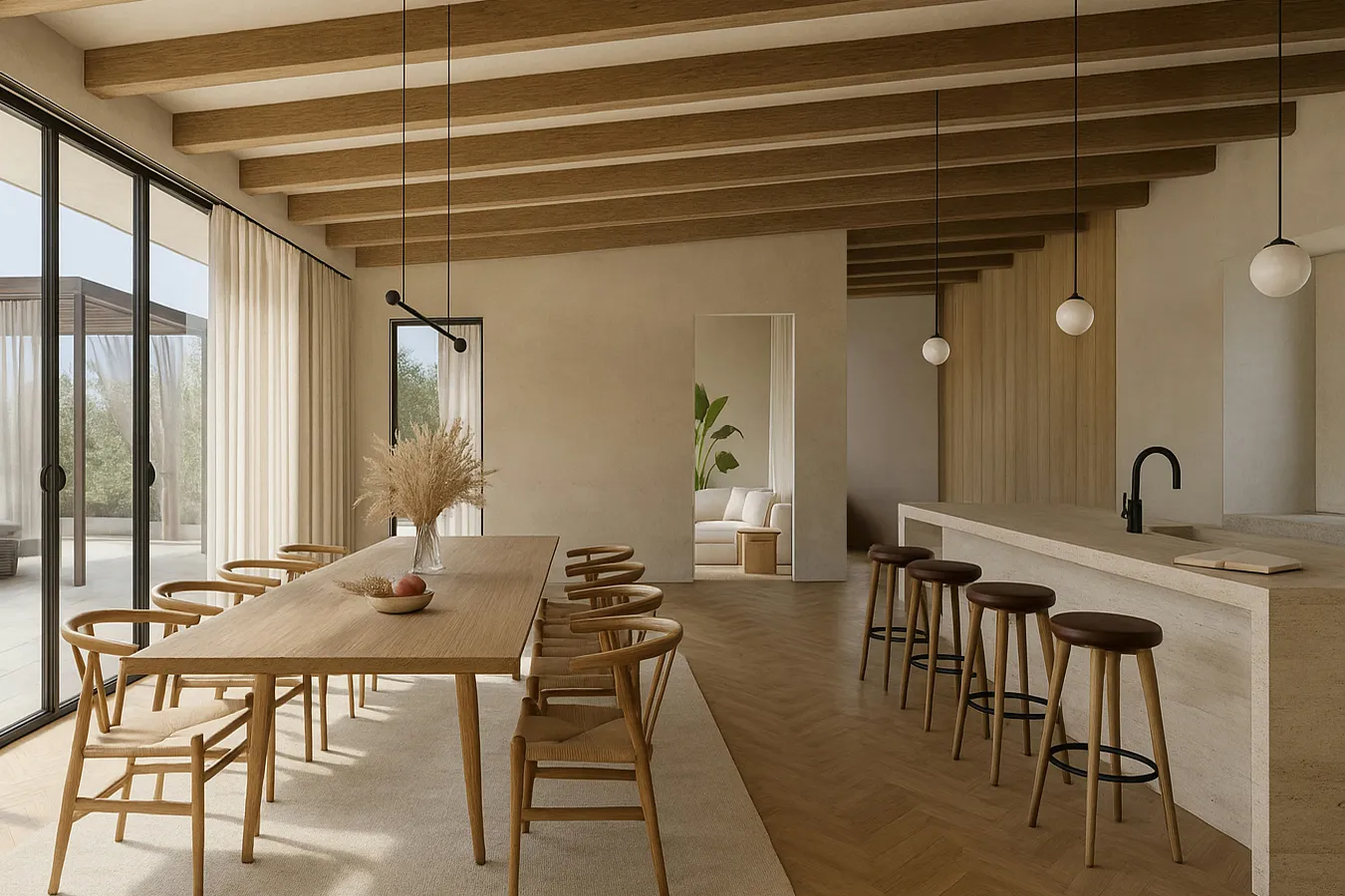 Dining area and stone kitchen opening onto a shaded terrace at Athens Riviera Villa