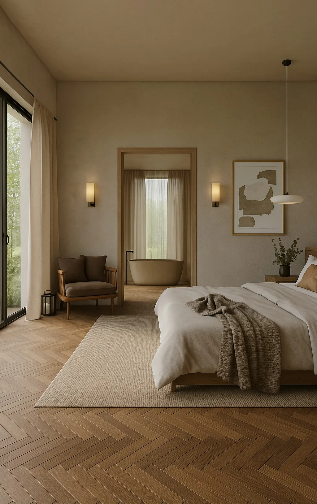 Bedroom with oak flooring and a freestanding bath framed by a curtained opening