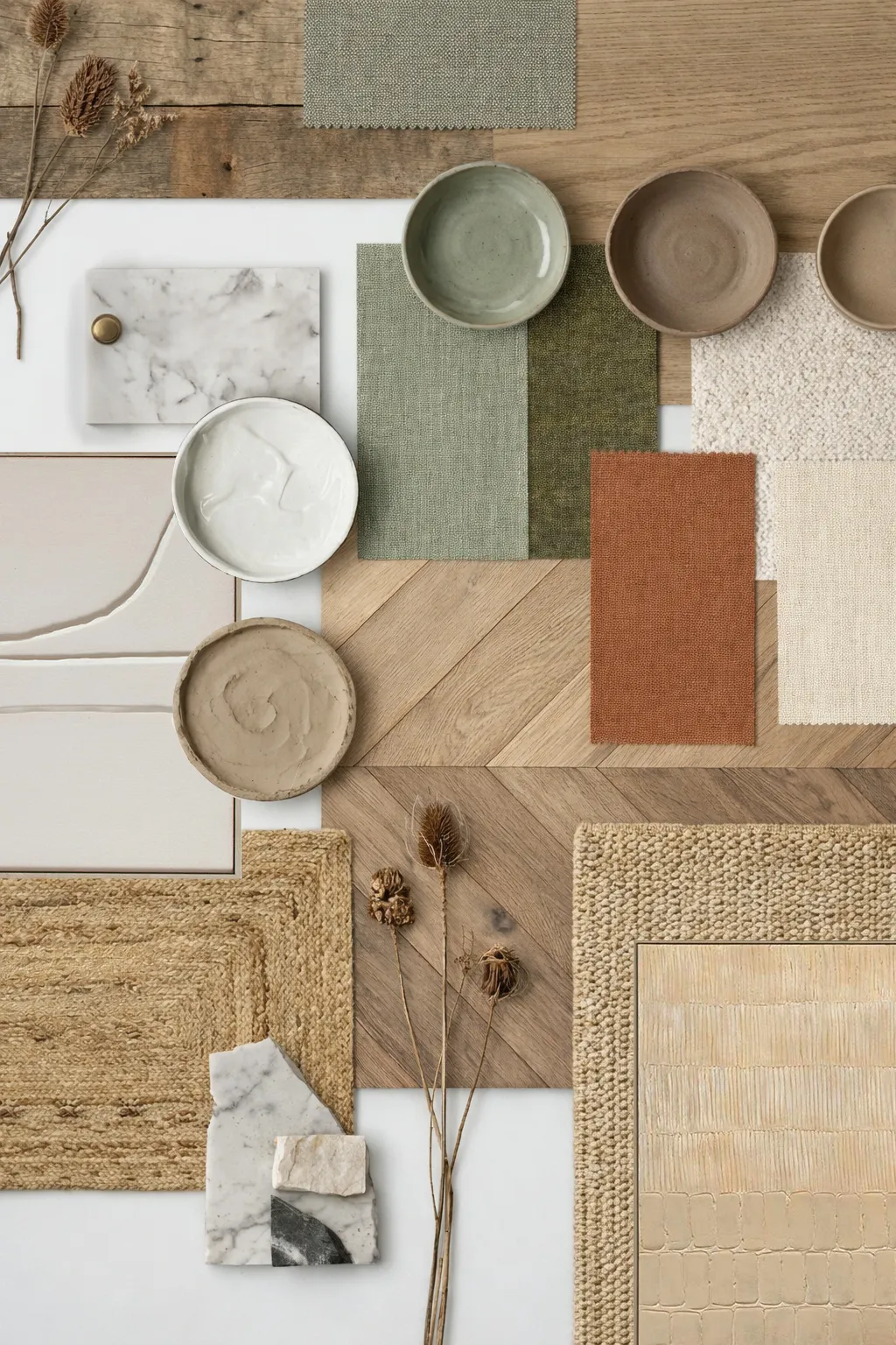 Material palette of oak, marble, ceramics and woven fabrics in natural tones